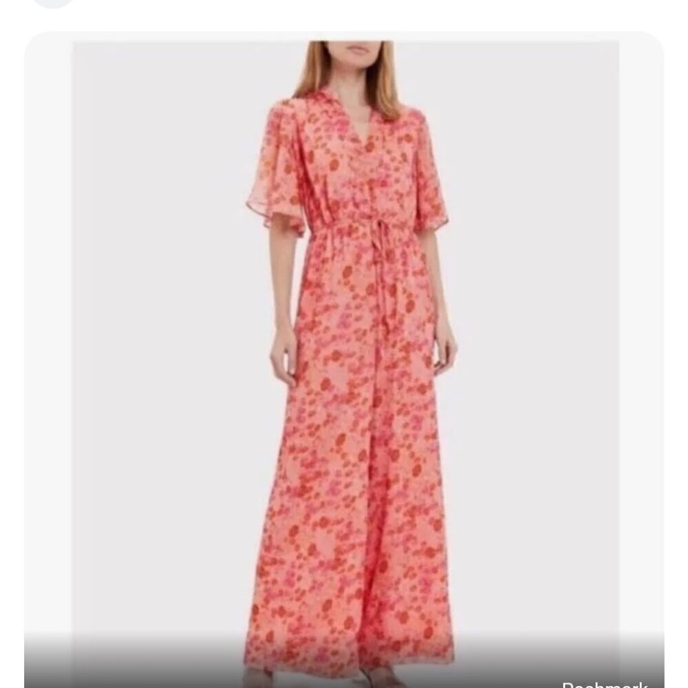 by TiMo Floral Jumpsuit Sheer Flutter Sleeve Feminine Cottage Euro Vacation XS/S